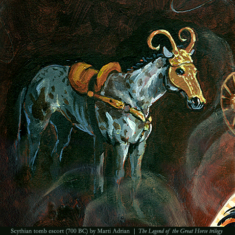 Horse sacrificed in a Scythian tomb (700 BC) from Eclipsed by Shadow, Book #1 of THE LEGEND OF THE GREAT HORSE trilogy