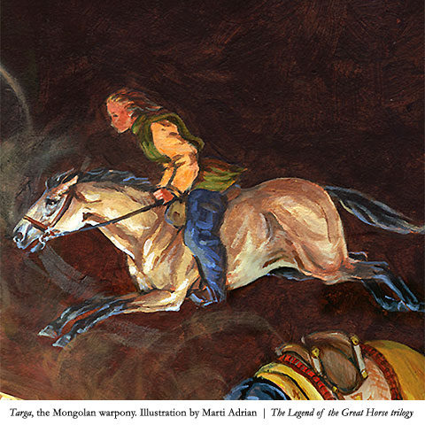Targa, the Mongolian warpony from 1240 AD ... from Eclipsed by Shadow, Book #1 of THE LEGEND OF THE GREAT HORSE trilogy: (c) Micron Press. Illustration by Marti Adrian.